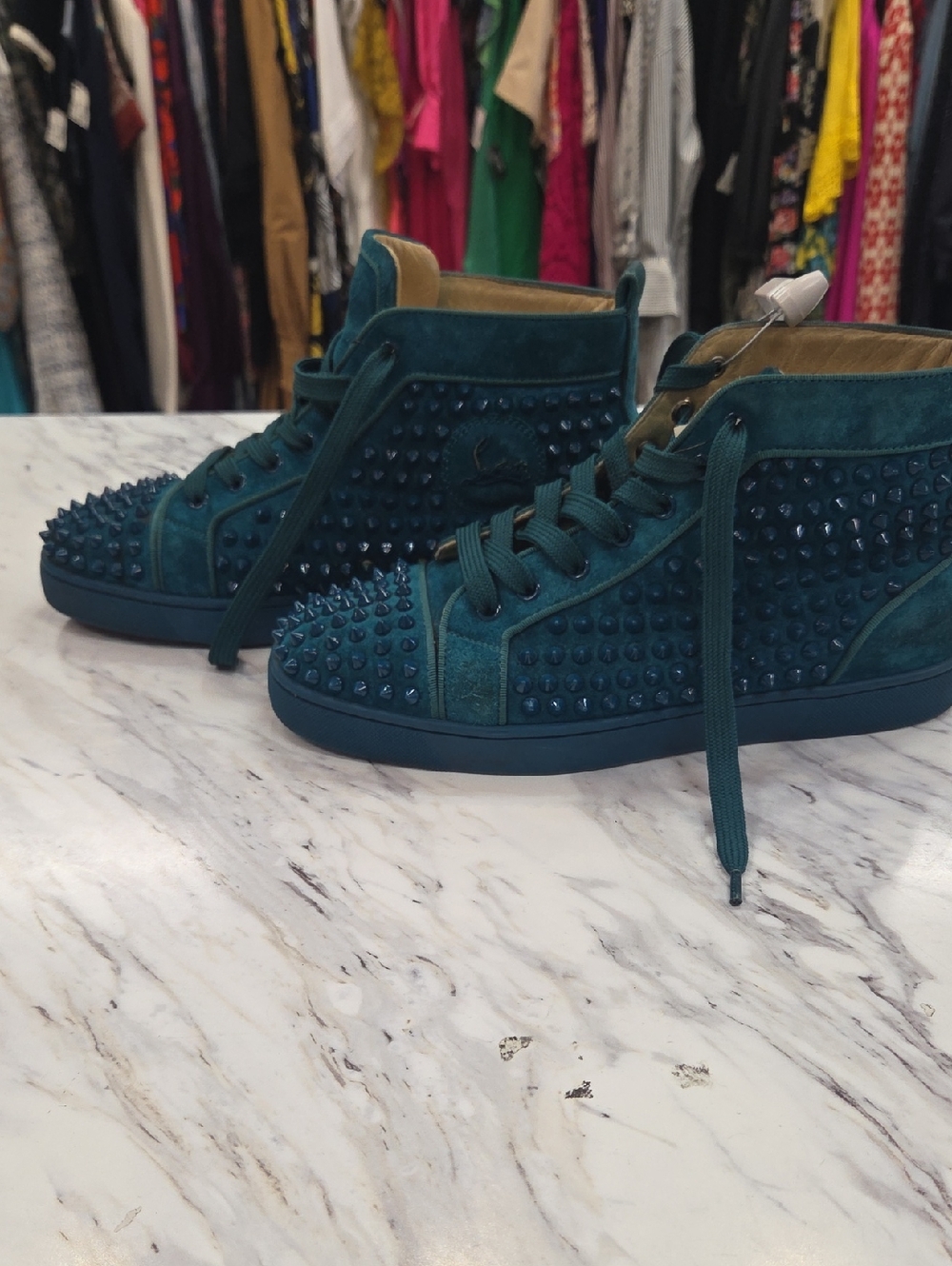 Christian Louboutin Teal Spike Suede High-Top Sneakers